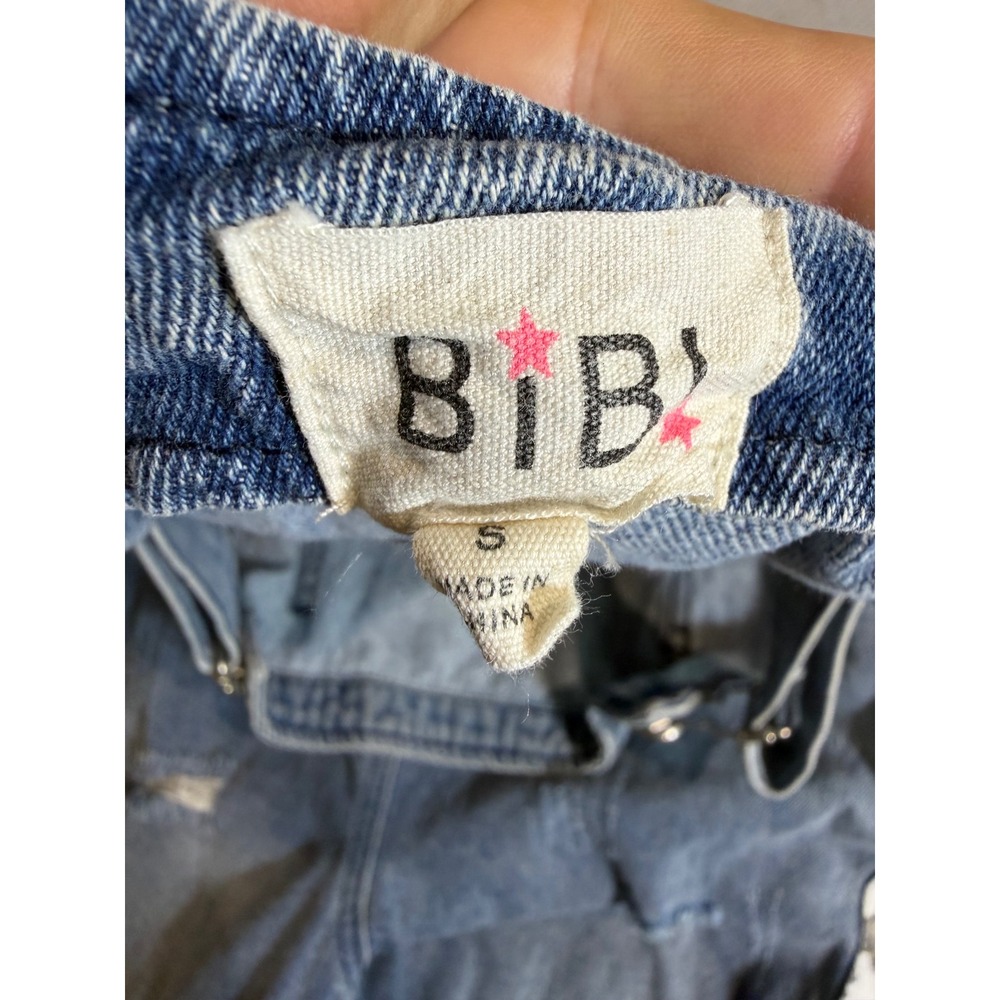BIB! Womens Distressed Denim Overalls Leopard Print Side Stripe Blue Size S - Picture 5 of 5
